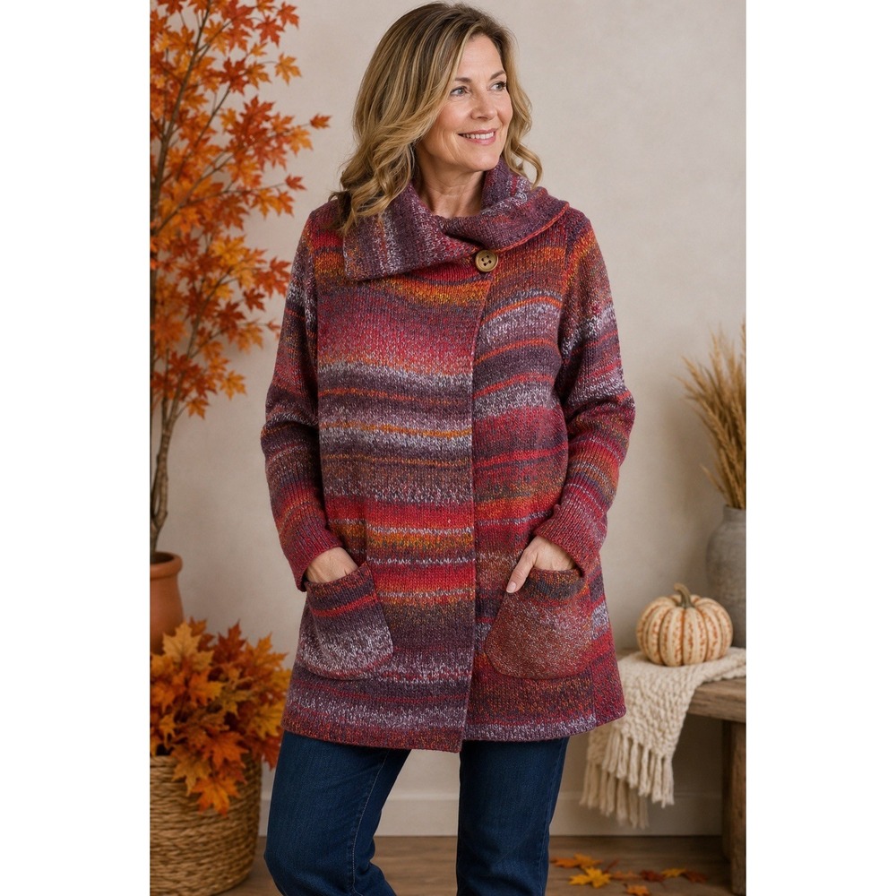 J.Jill Sweater Coat M Wool Blend Multicolor Boho Space Dye Shawl Collar Cardigan